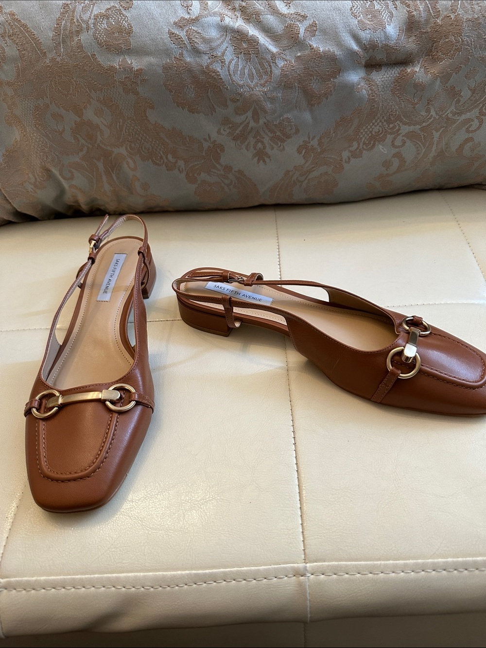 Saks Fifth Avenue Tan Leather Horsebit Slingback Loafers
